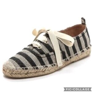 Kate Spade Lina Espadrille Flats Striped Metallic Black Beige Jute 8.5 Canvas